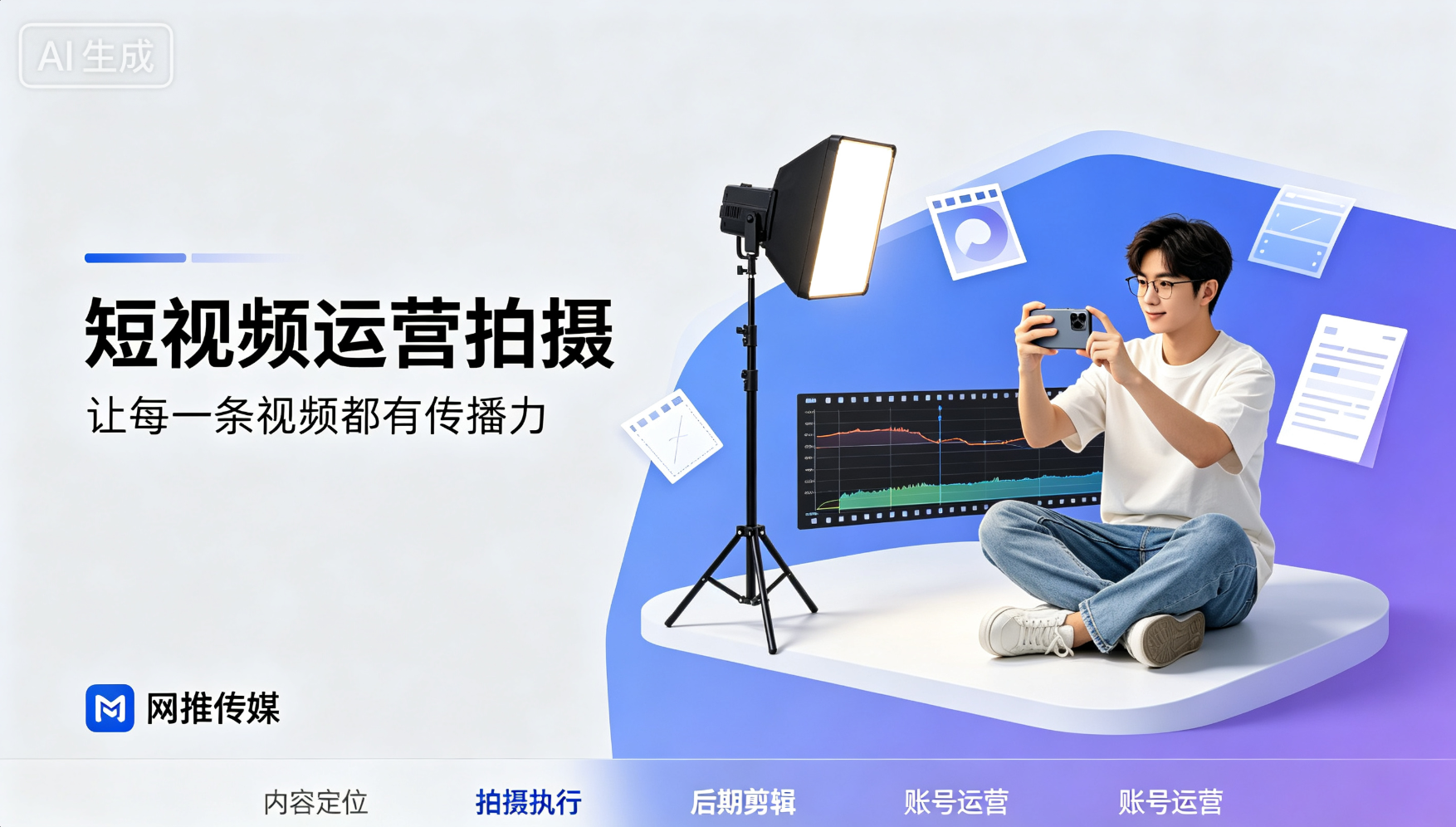 伊春短视频运营服务宣传图，展示视频拍摄与数据分析场景