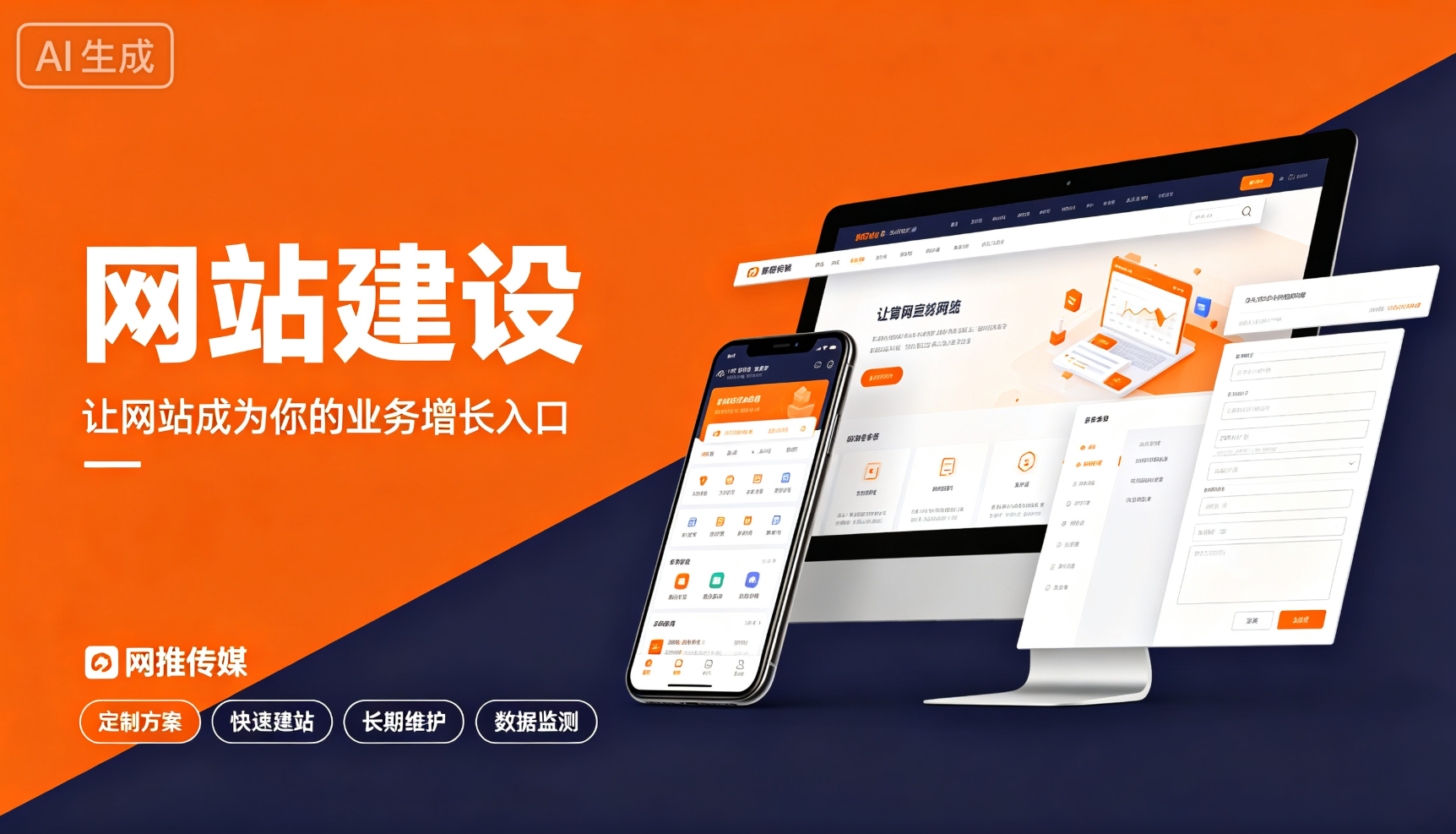 网站建设服务宣传图，展示现代化企业网站界面